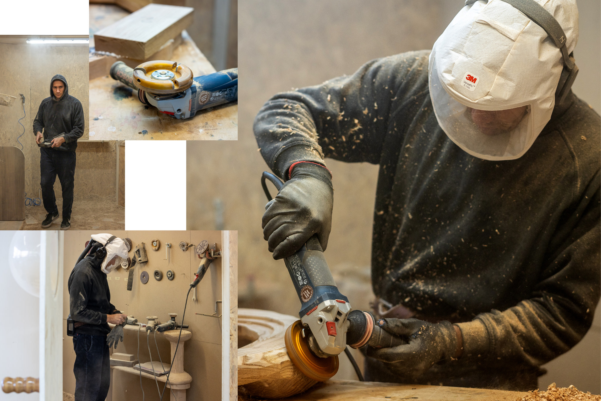 Fotocollage mit Werkstattansichten und Alexander Knysch beim Schleifen eines Holzobjekts.