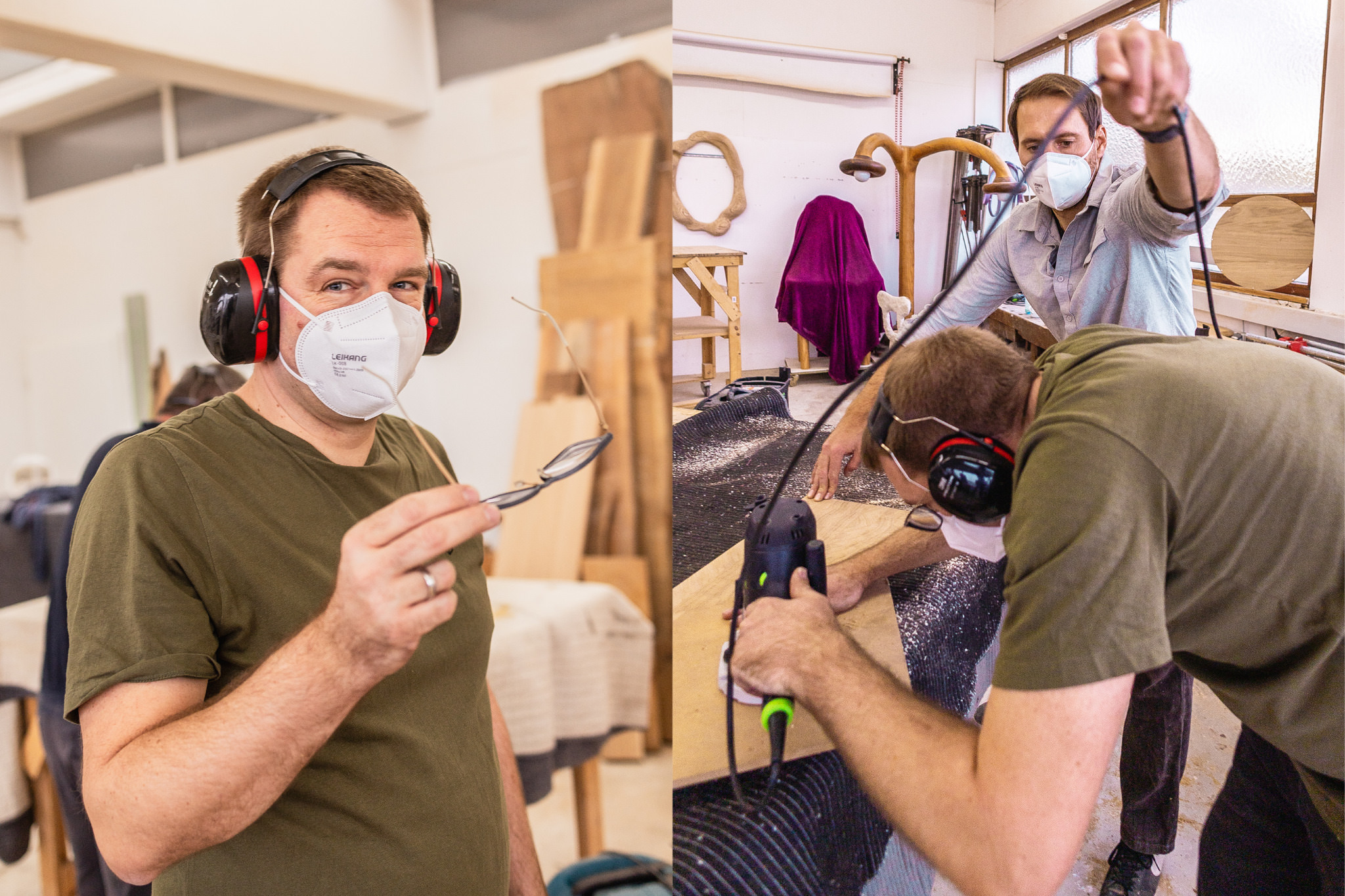 Fotocollage aus dem Werkstattkurs mit Teilnehmenden bei der Arbeit an Holzobjekten.