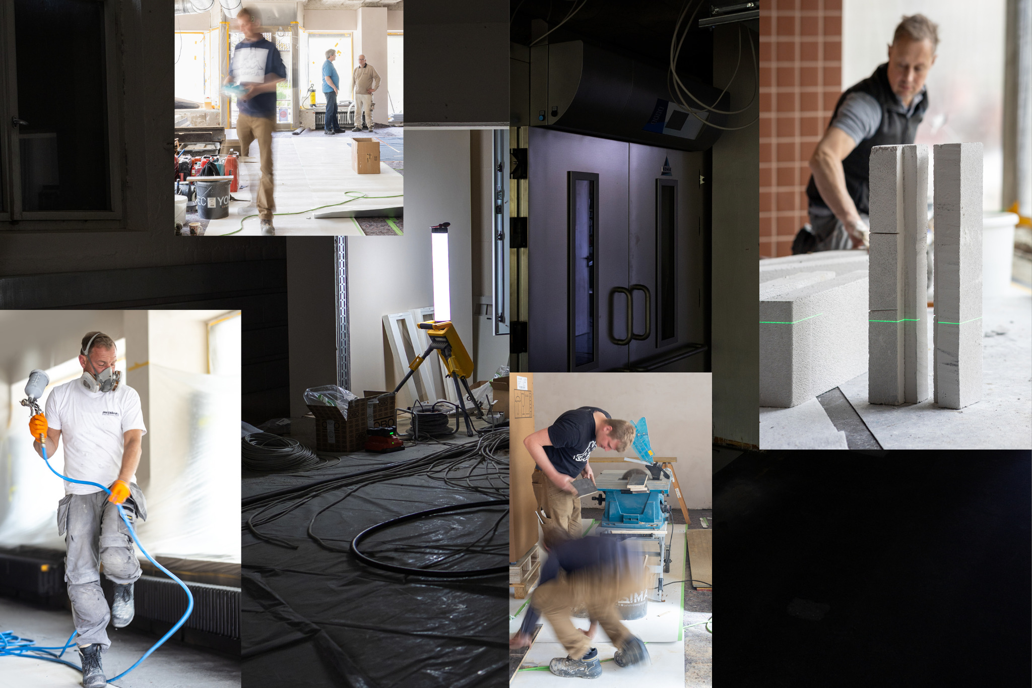 Fotocollage mit Handwerkern, Werkzeugen und Arbeiten beim Umbau der Brotique-Filiale.