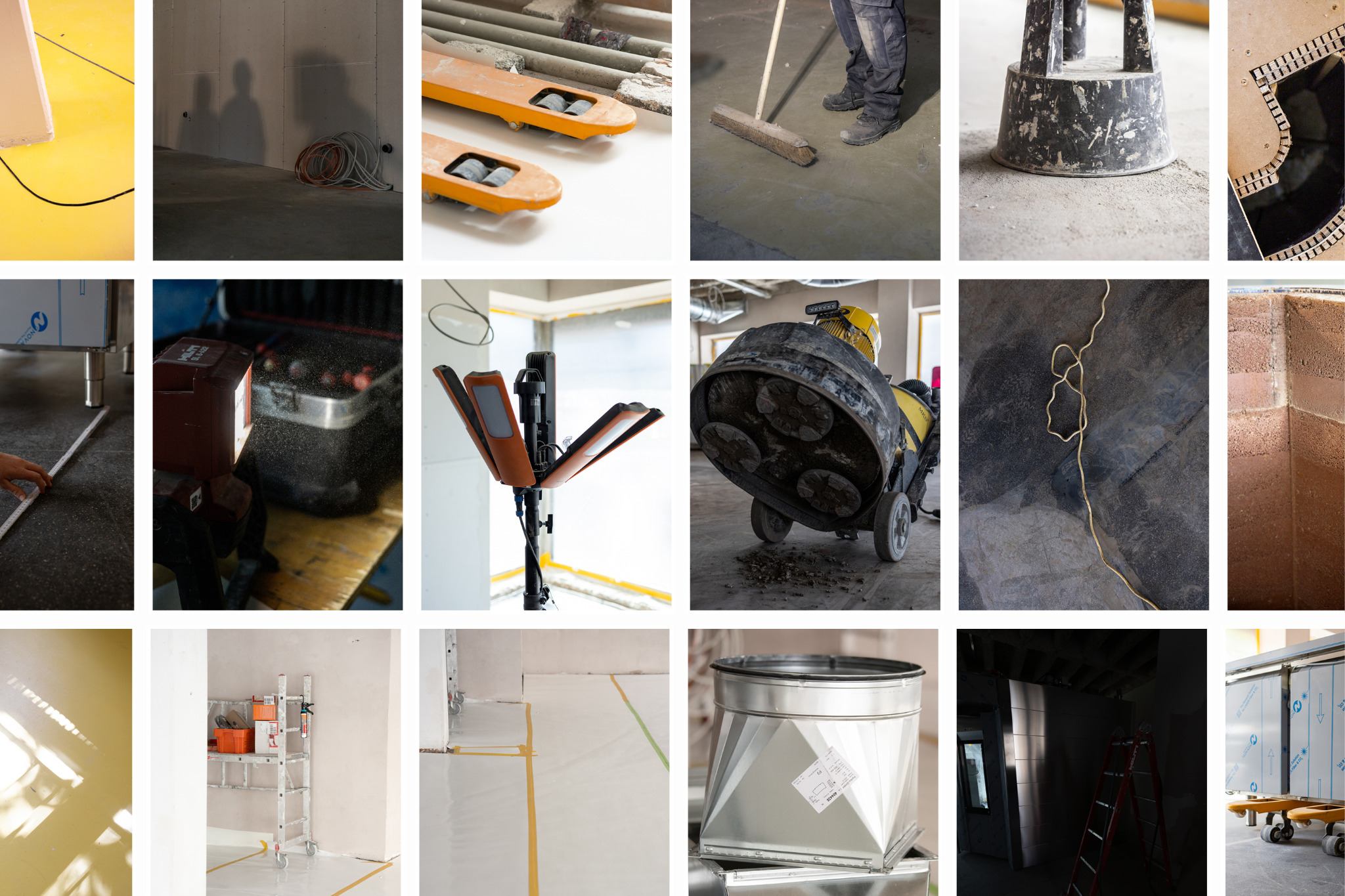 Fotocollage mit Oberflächen, Bauteilen, Werkzeugen und kleinen Details aus dem Umbau.