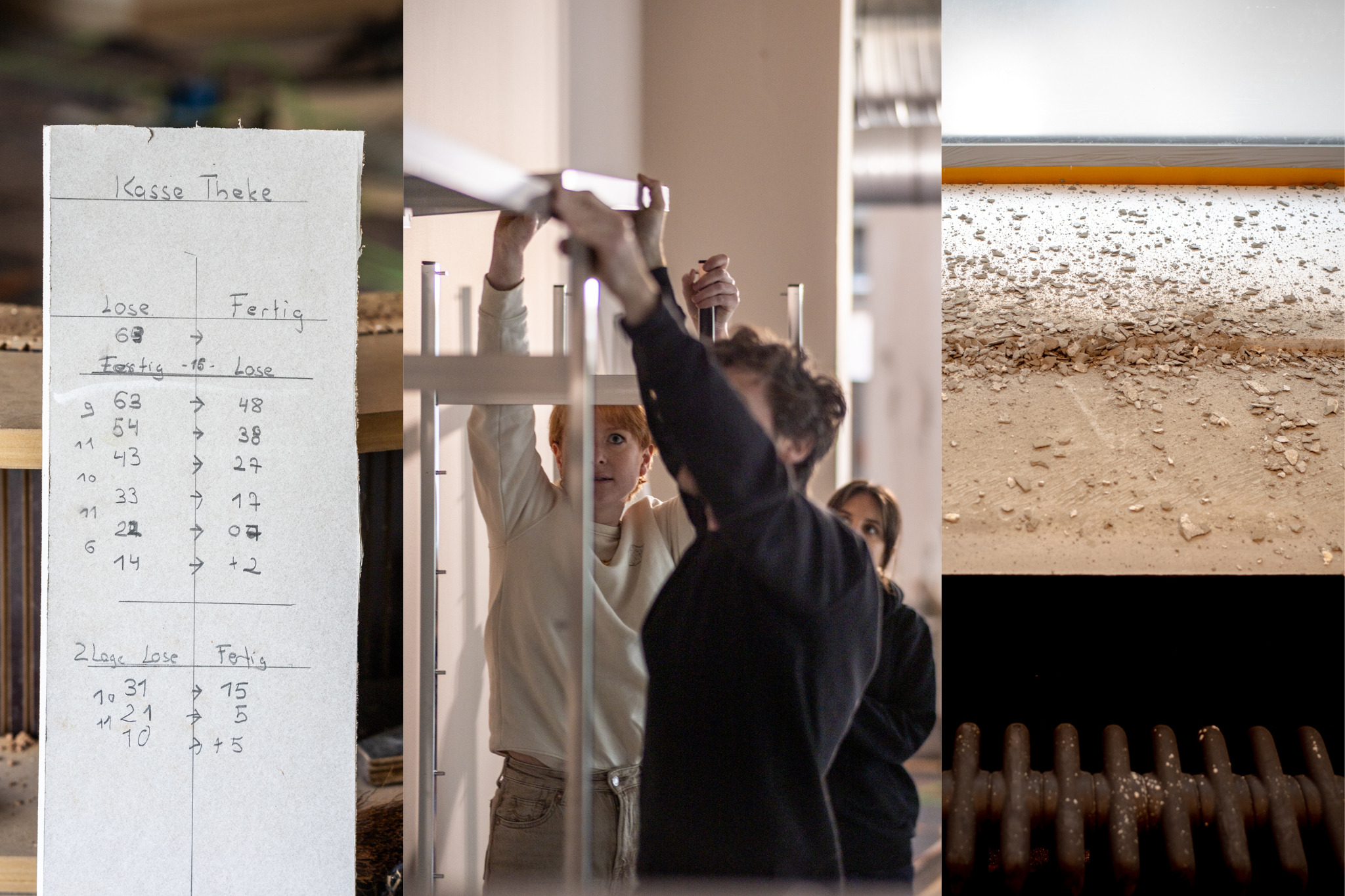 Fotocollage mit einem Arbeitsplan, handwerklichen Arbeiten und einer Wandoberfläche.