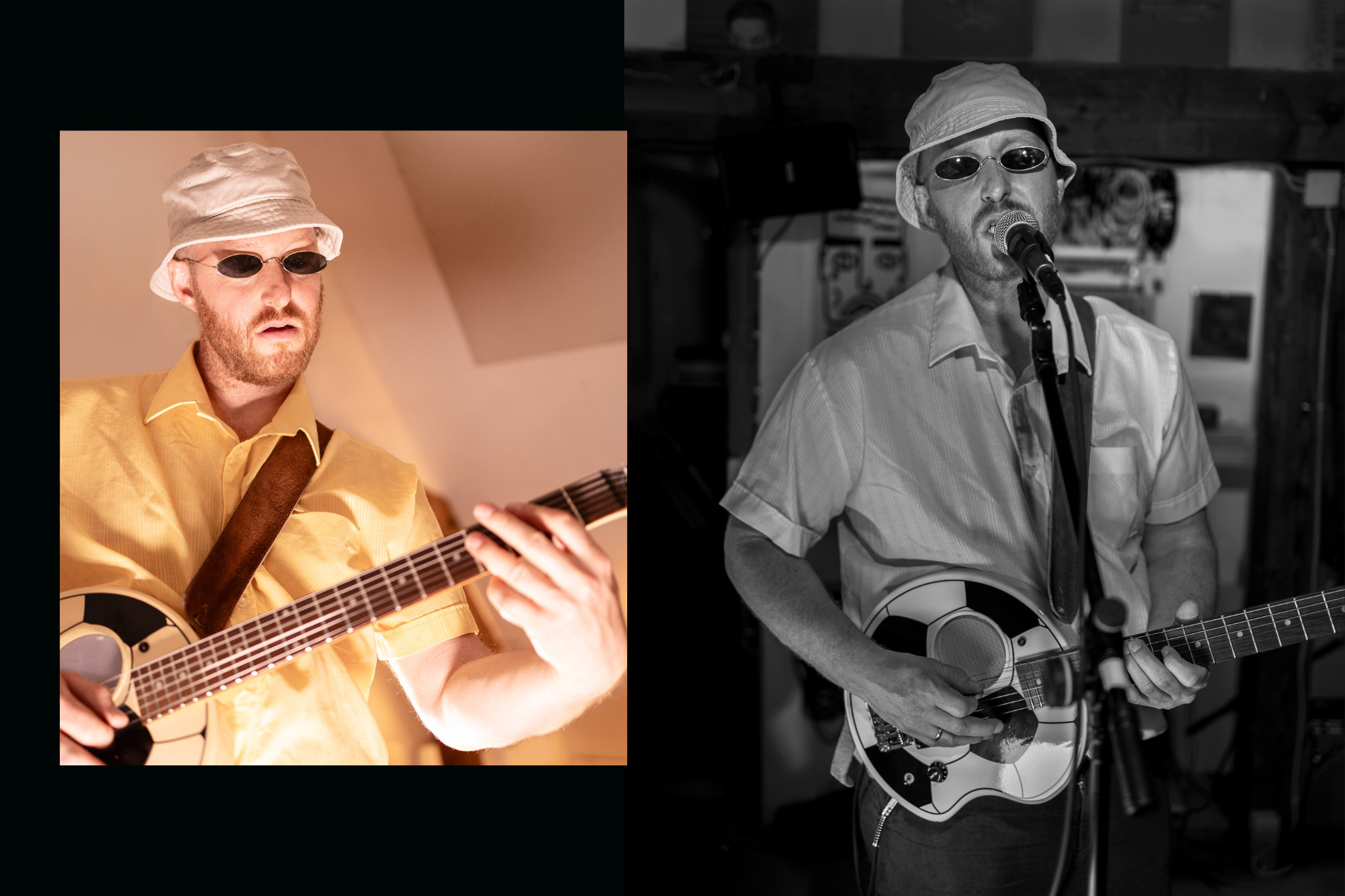 Zwei Aufnahmen von Future Franz mit Gitarre, eine davon in Schwarzweiß am Mikrofon.