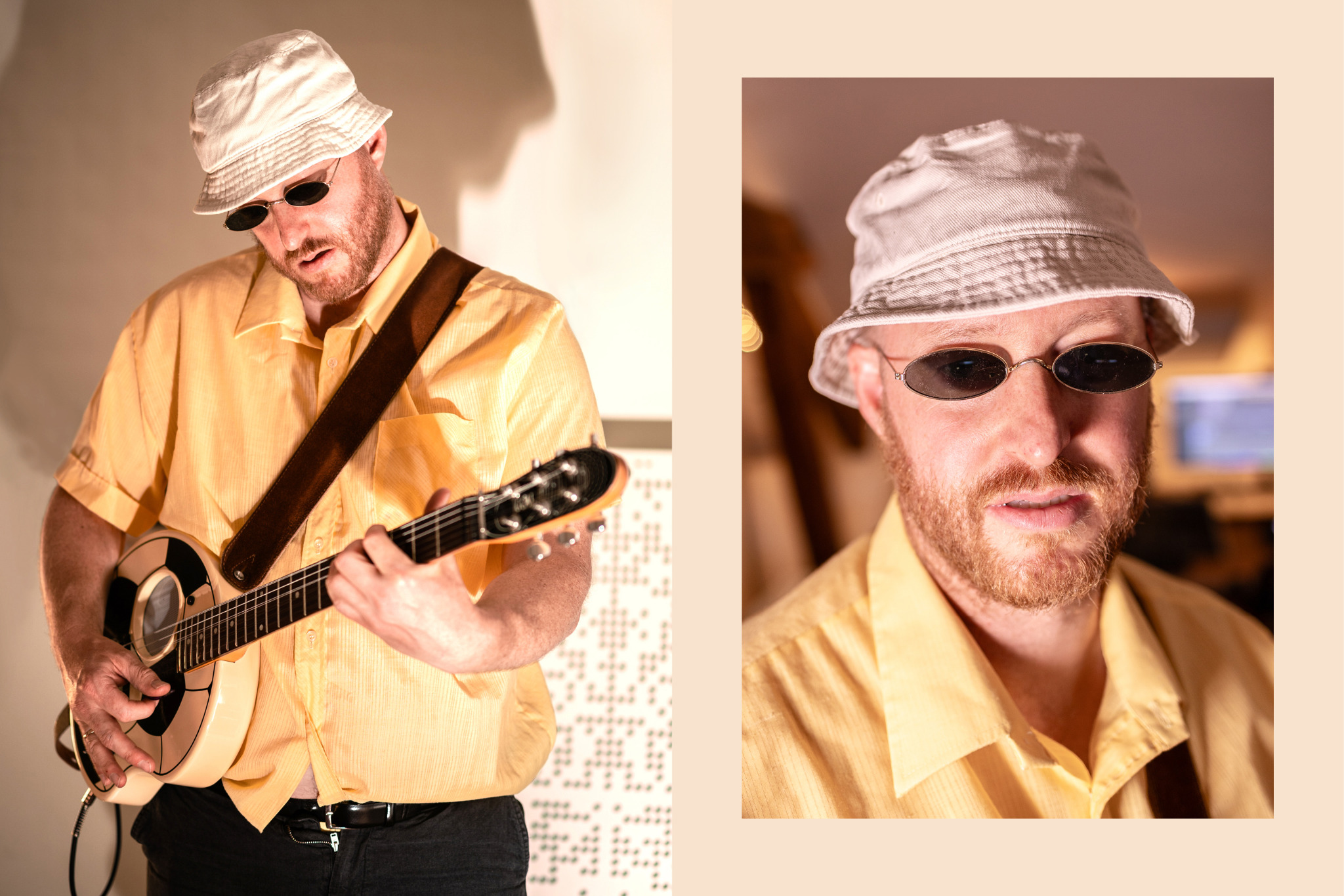 Bildpaar mit Future Franz an der Gitarre und einem nahen Porträt vor hellem Hintergrund.