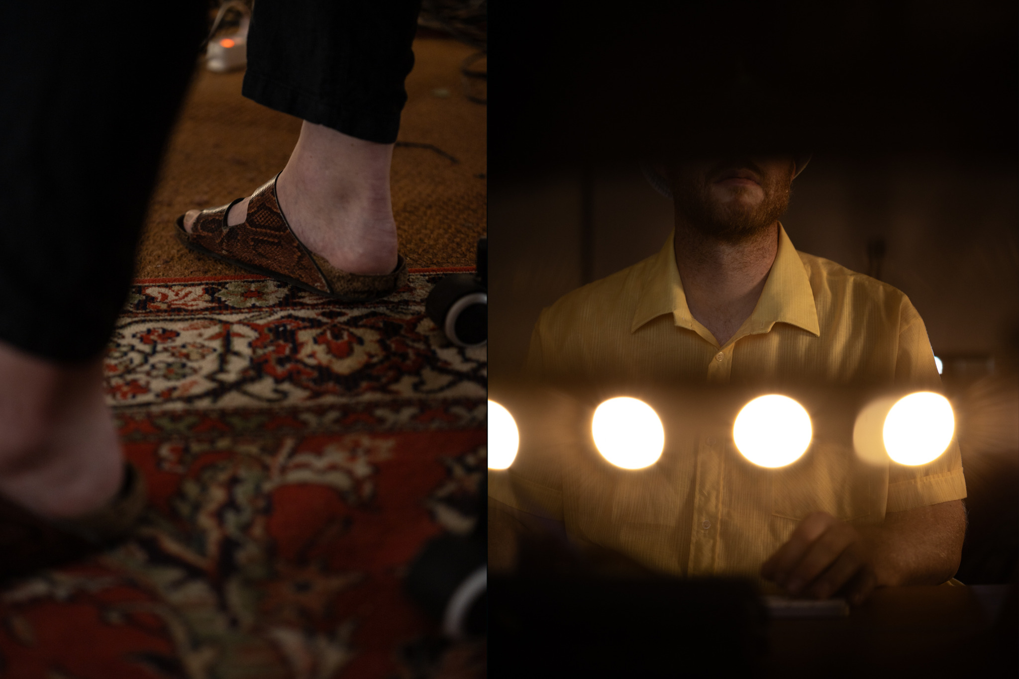 Bildpaar mit Füßen und Effektpedalen auf einem Teppich und Future Franz am Mikrofon im Studio.